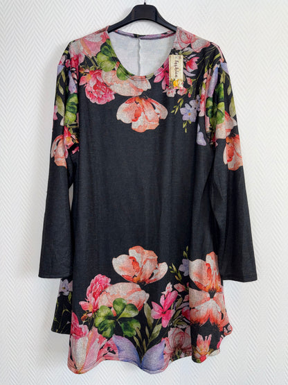 A lijn jurk zwart bloemen (2) 48/50/52