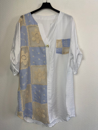 Tuniek met spijkerstof en gehaakte stukken 48/50/52/54